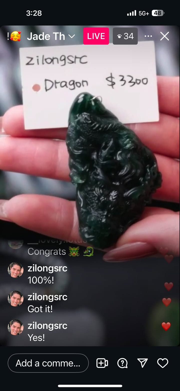 IG Live "Natural Deep Black Green "Mo Cui" Jadeite Jade Carving Dragon Necklace" (Live Pick) (02/10/25)