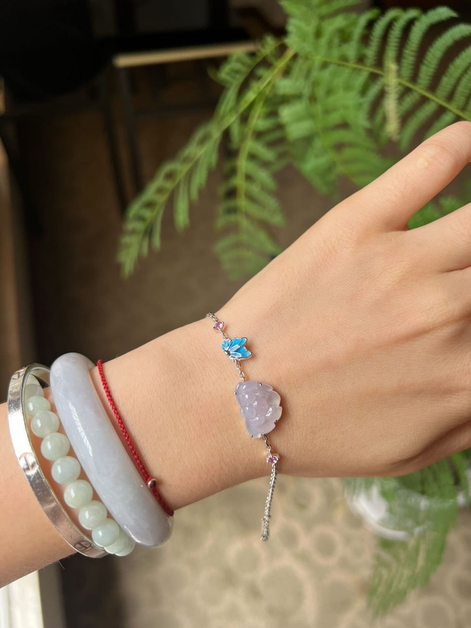 18K White Gold Light Lavender Jadeite Jade Lotus Bracelet Gold Setting
