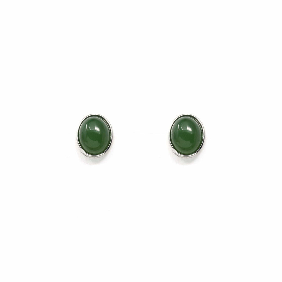 Baikalla Jewelry Silver Gemstone Earrings Sterling Silver Genuine Nephrite Green Jade Oval Stud Earrings