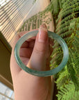 "Live" Natural Icy Green Flower Jadeite Jade Oval Comfort Fit Bangle