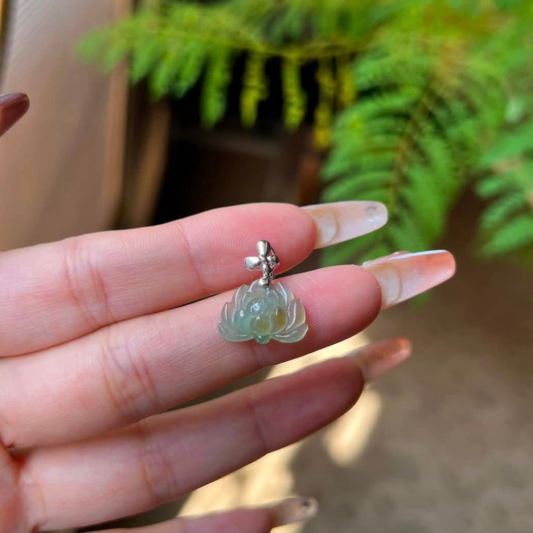 18K White Gold Icy Yellow Green Jadeite Jade Lotus Pendant Butterfly Bail