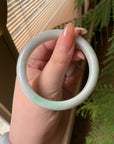 "Live" Natural White Base SaJin Flower With Green Patch Jadeite Jade Bangle (10/30/25)