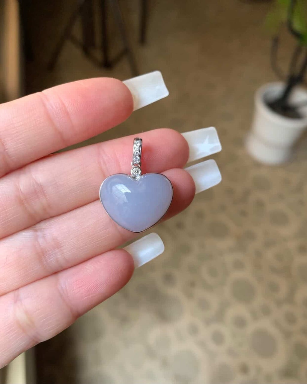 18K White Gold Custom Lavender Heart Pendant Diamonds Gold Setting