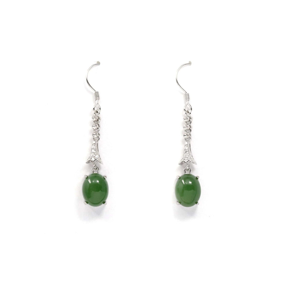 Baikalla Jewelry Silver Gemstone Earrings Sterling Silver Genuine Nephrite Green Jade Diamond Dangle Earrings