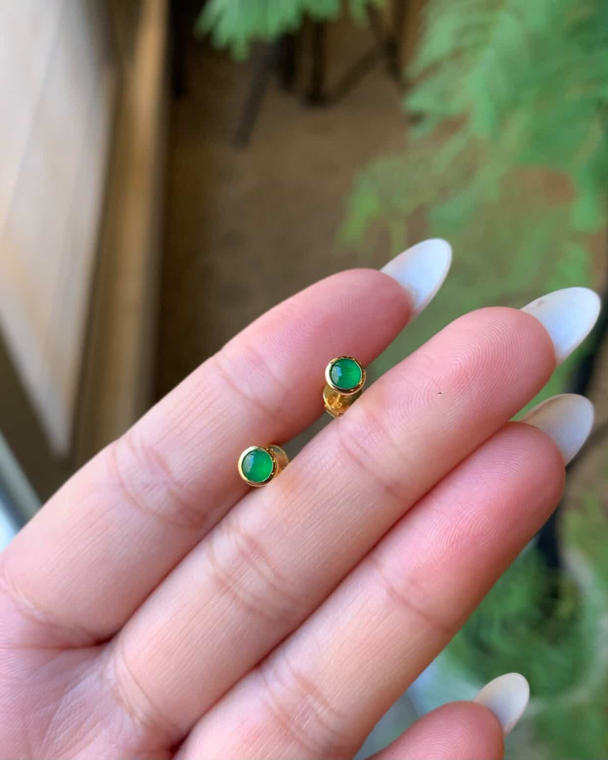 18K Yellow Gold Custom Green Cabochon Earrings Gold Setting