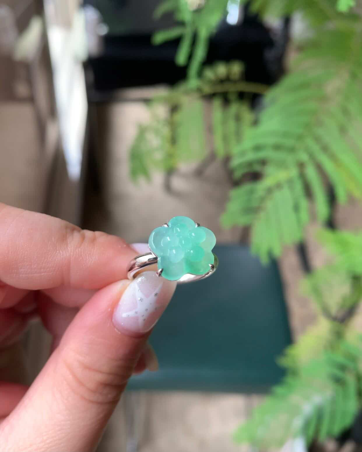 18K White Gold Natural Green Jadeite Jade Flower Ring And Earrings Two In One Gold Setting