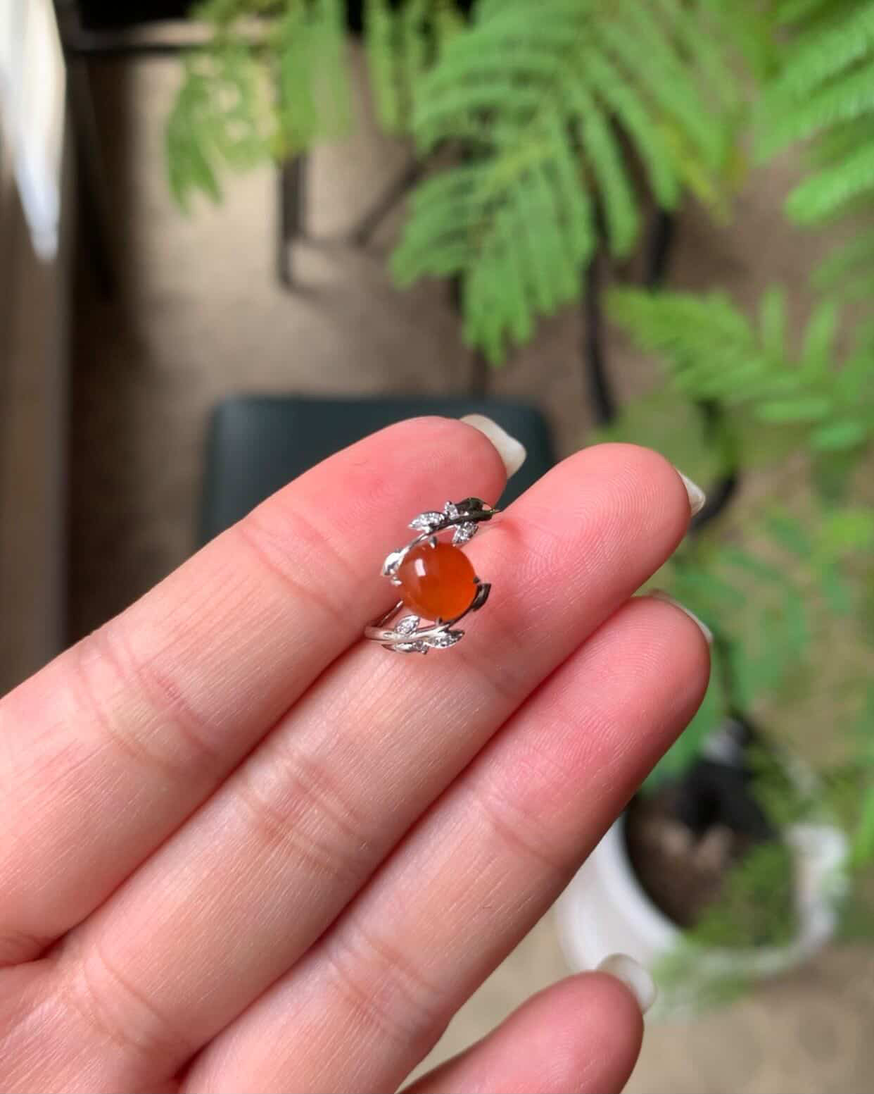 18K White Gold Natural Red Jadeite Jade Ring