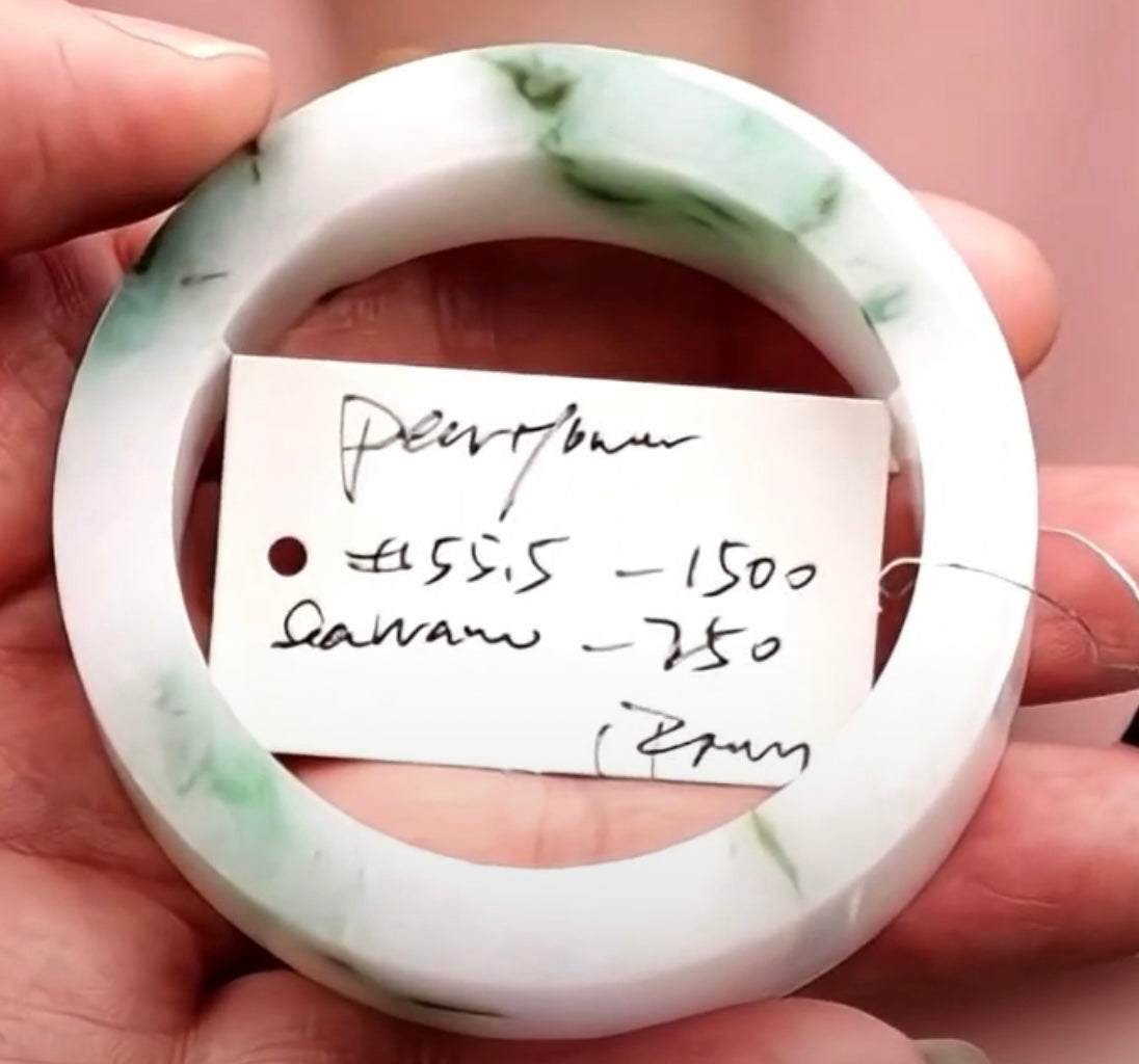 "Live" Natural Light Lavender W/ Green Flowers Semi-Polished Jadeite Jade Bangle (10/22/26) *Final Sale