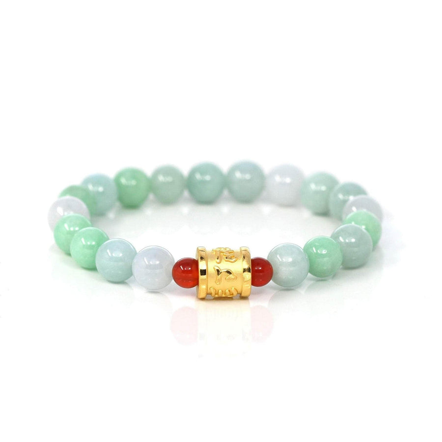 Baikalla Jewelry jade beads bracelet 24K Pure Yellow Gold Buddha Symbol Tongtong With Genuine Green Jadeite Beads Bracelet ( 9 mm )