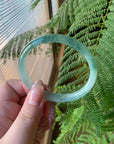 "Live" Natural Icy Green Flower Jadeite Jade Oval Comfort Fit Bangle