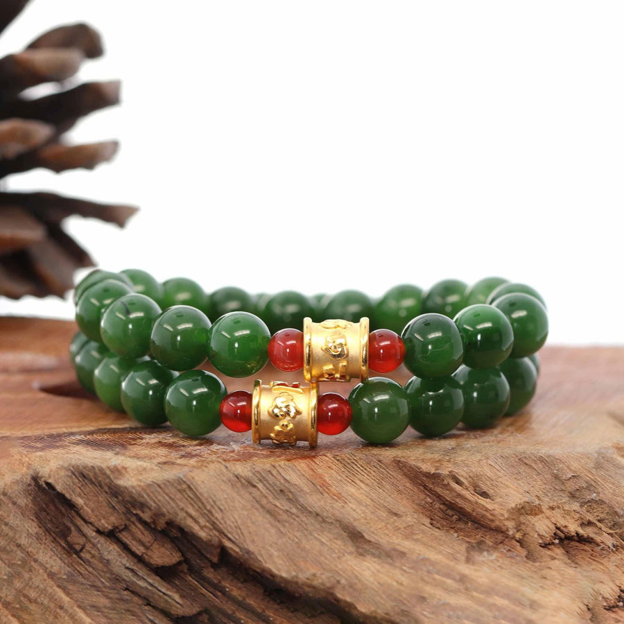 Baikalla Jewelry jade beads bracelet 24K Pure Yellow Gold Buddha Symbol Tongtong With Genuine Green Jade Round Beads Bracelet Bangle ( 9.5 mm )