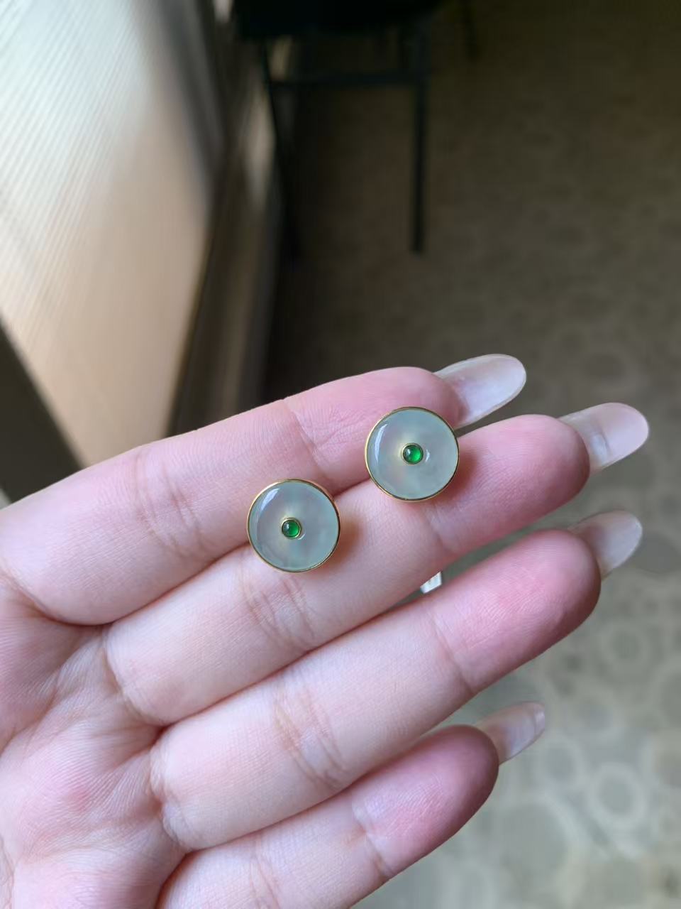 18k Yellow Gold Genuine Light Green Koukou Jadeite Jade Stud Earrings