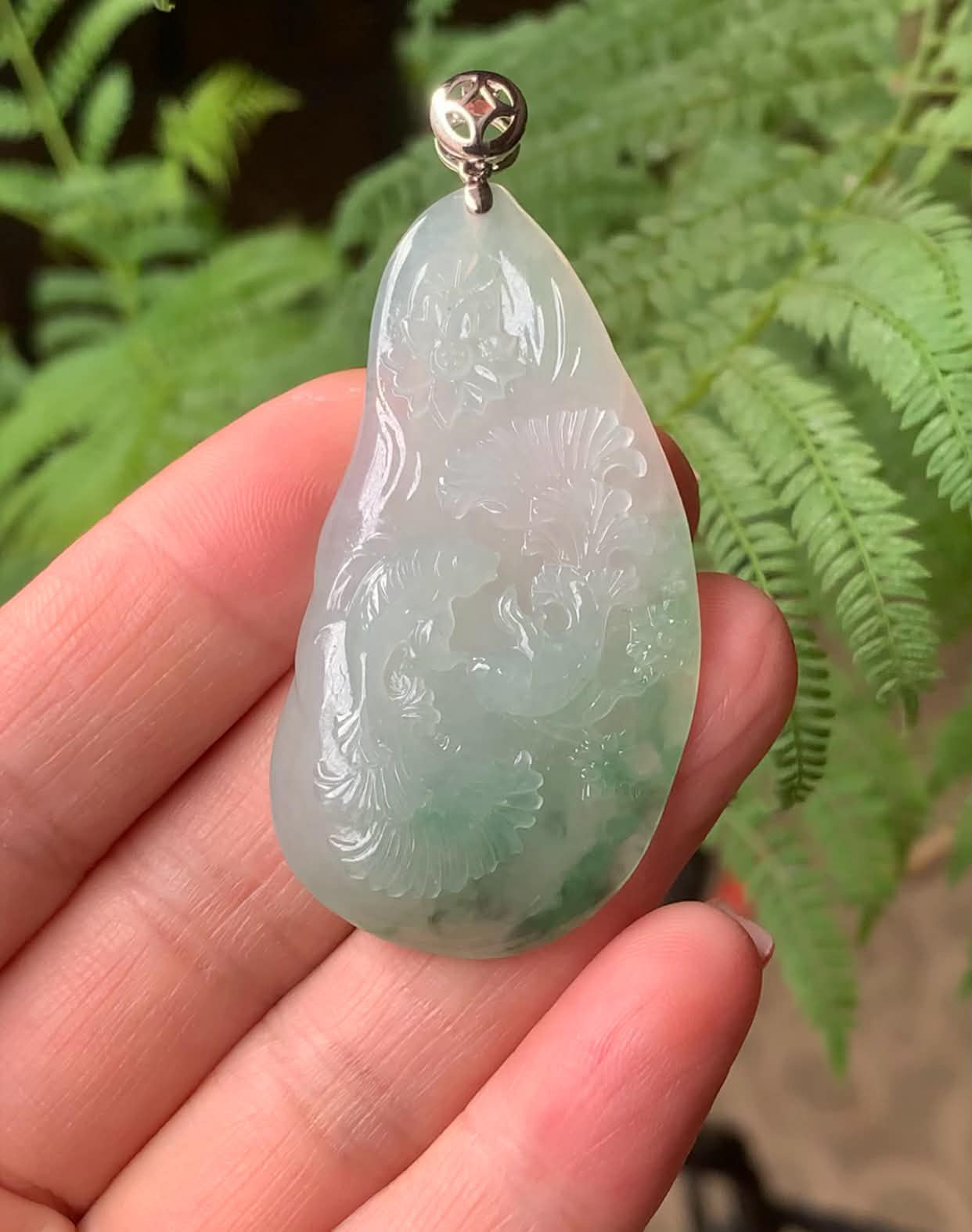 18K White Gold Icy Green Flower Jadeite Jade Fish Pendant Money Bail