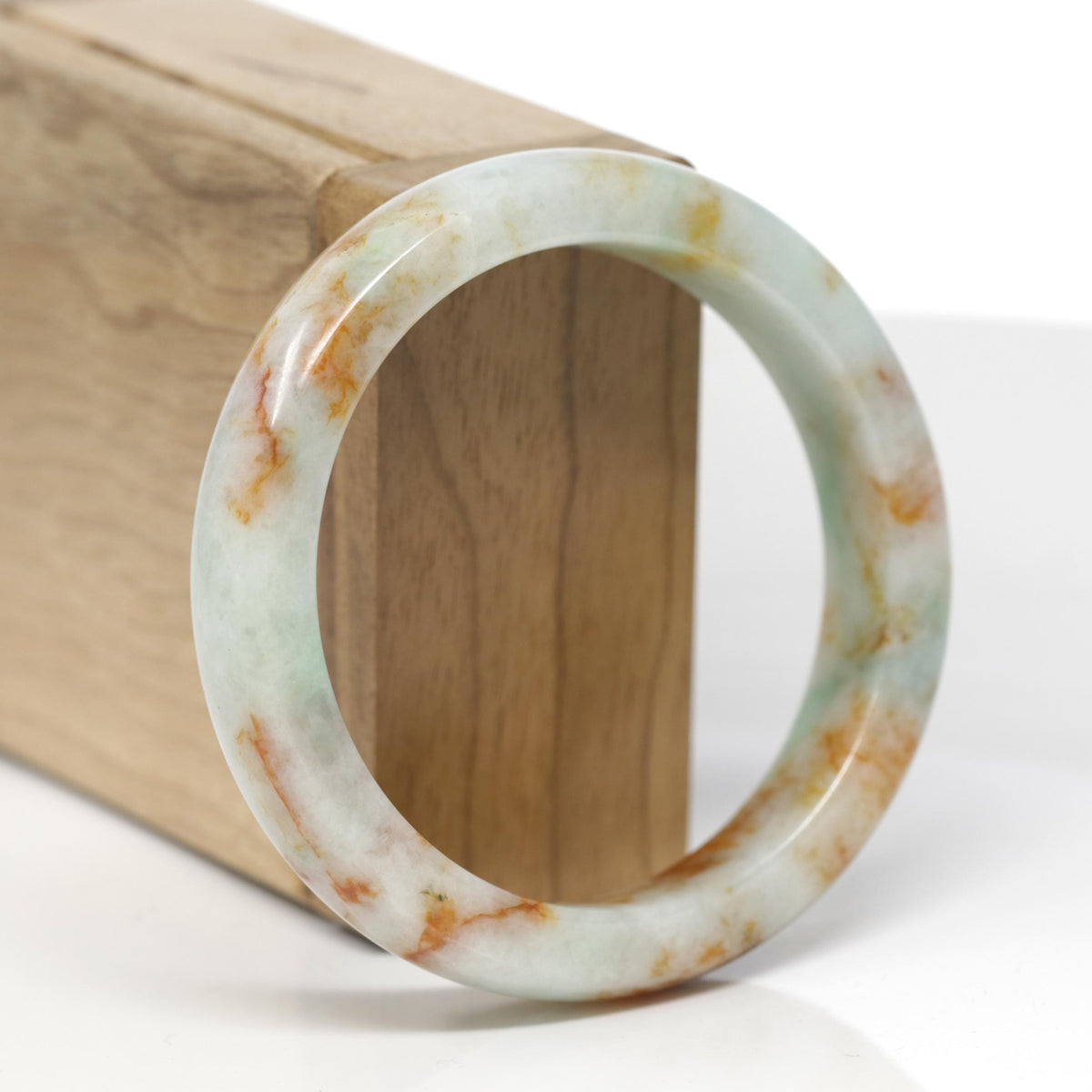 Baikalla Natural Light Apple-Green &amp; Orange Sajin Jadeite Jade "Square Cut" Bangle Bracelet (56.1mm) 