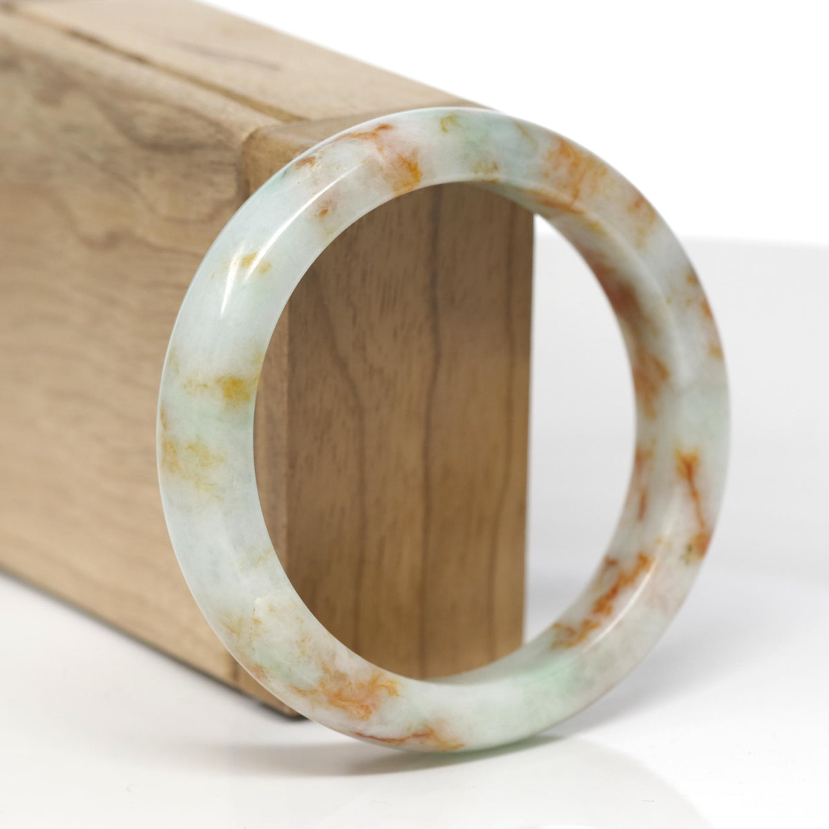 Baikalla Natural Light Apple-Green &amp; Orange Sajin Jadeite Jade "Square Cut" Bangle Bracelet (56.1mm) 