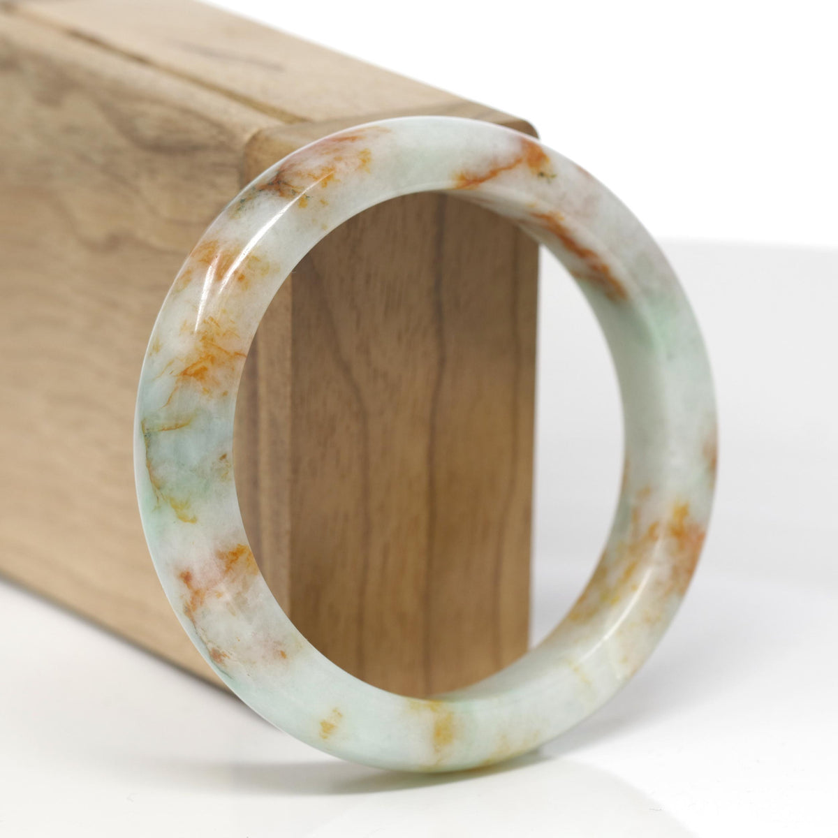 Baikalla Natural Light Apple-Green &amp; Orange Sajin Jadeite Jade "Square Cut" Bangle Bracelet (56.1mm) 
