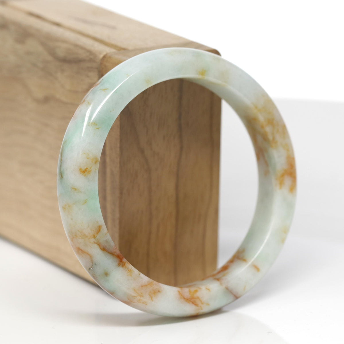 Baikalla Natural Light Apple-Green &amp; Orange Sajin Jadeite Jade "Square Cut" Bangle Bracelet (56.1mm) 