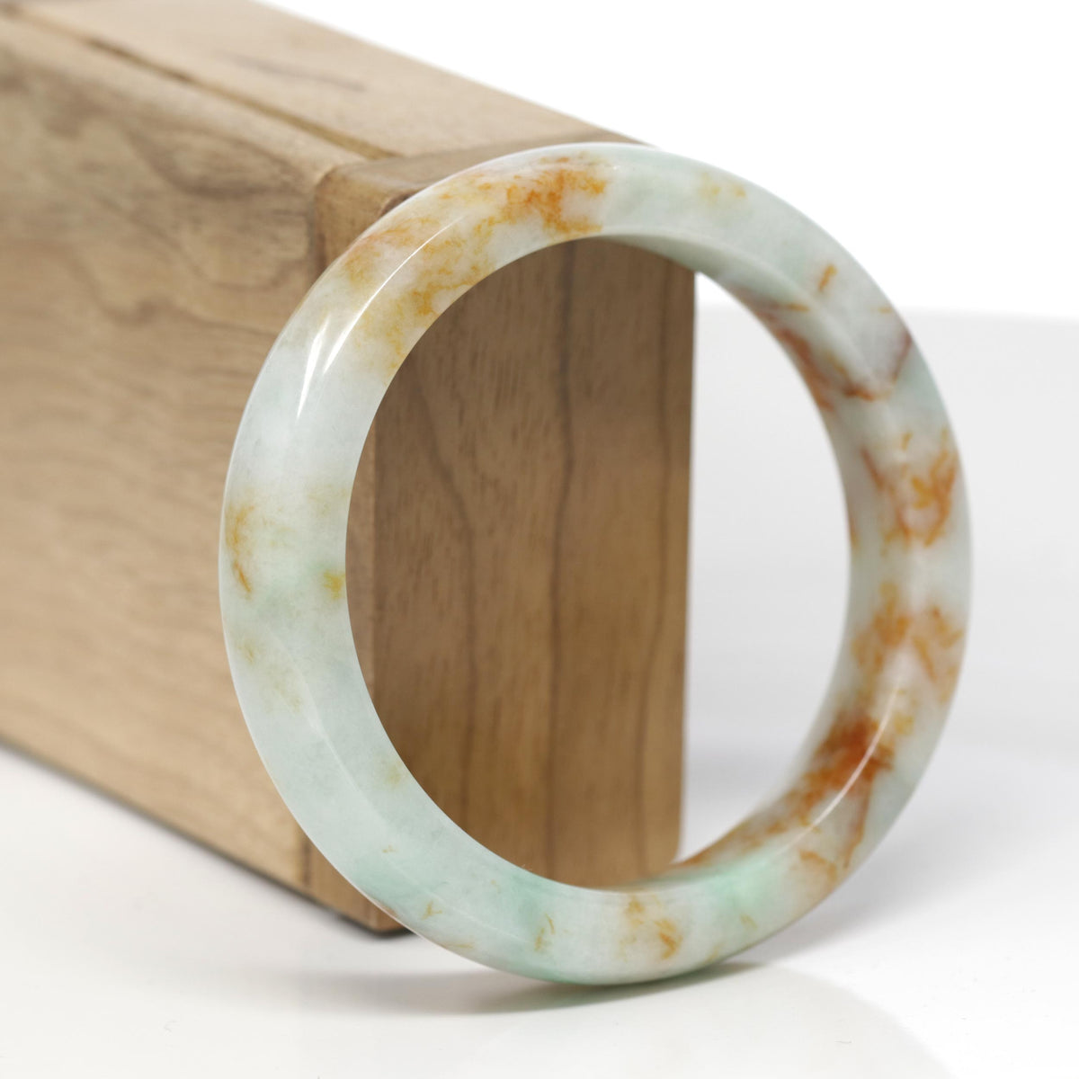 Baikalla Natural Light Apple-Green &amp; Orange Sajin Jadeite Jade "Square Cut" Bangle Bracelet (56.1mm) 