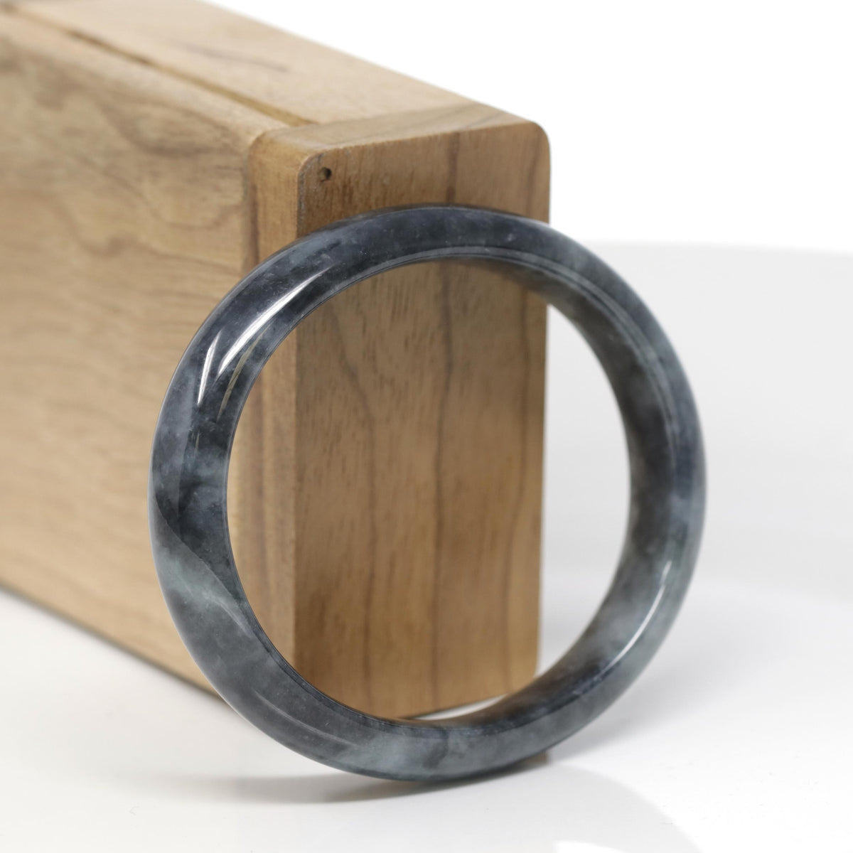 Baikalla Natural Black Wuji Jadeite Jade "Oval Half Round" Bangle Bracelet (56.4mm) 