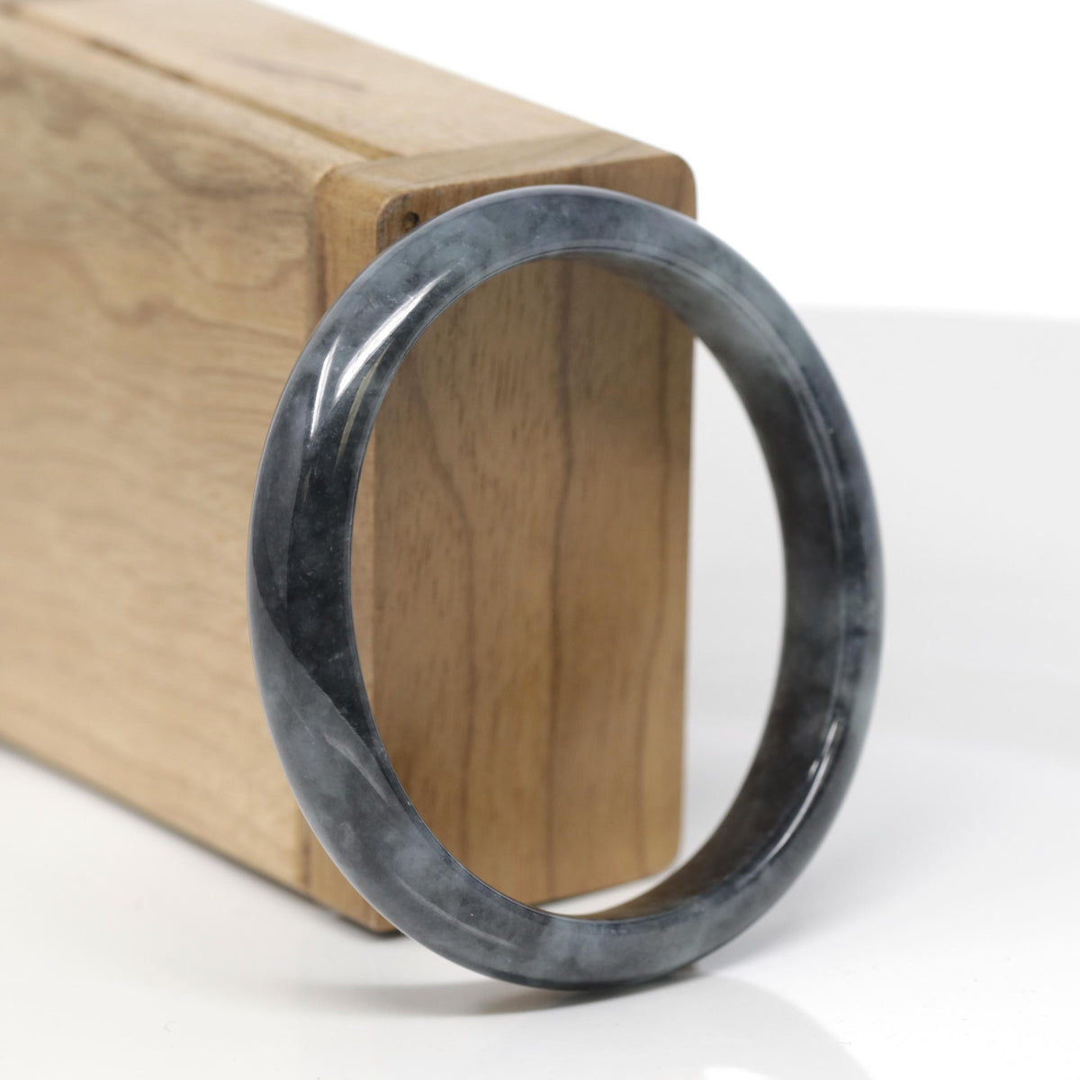 Baikalla Natural Black Wuji Jadeite Jade "Oval Half Round" Bangle Bracelet (56.4mm) 