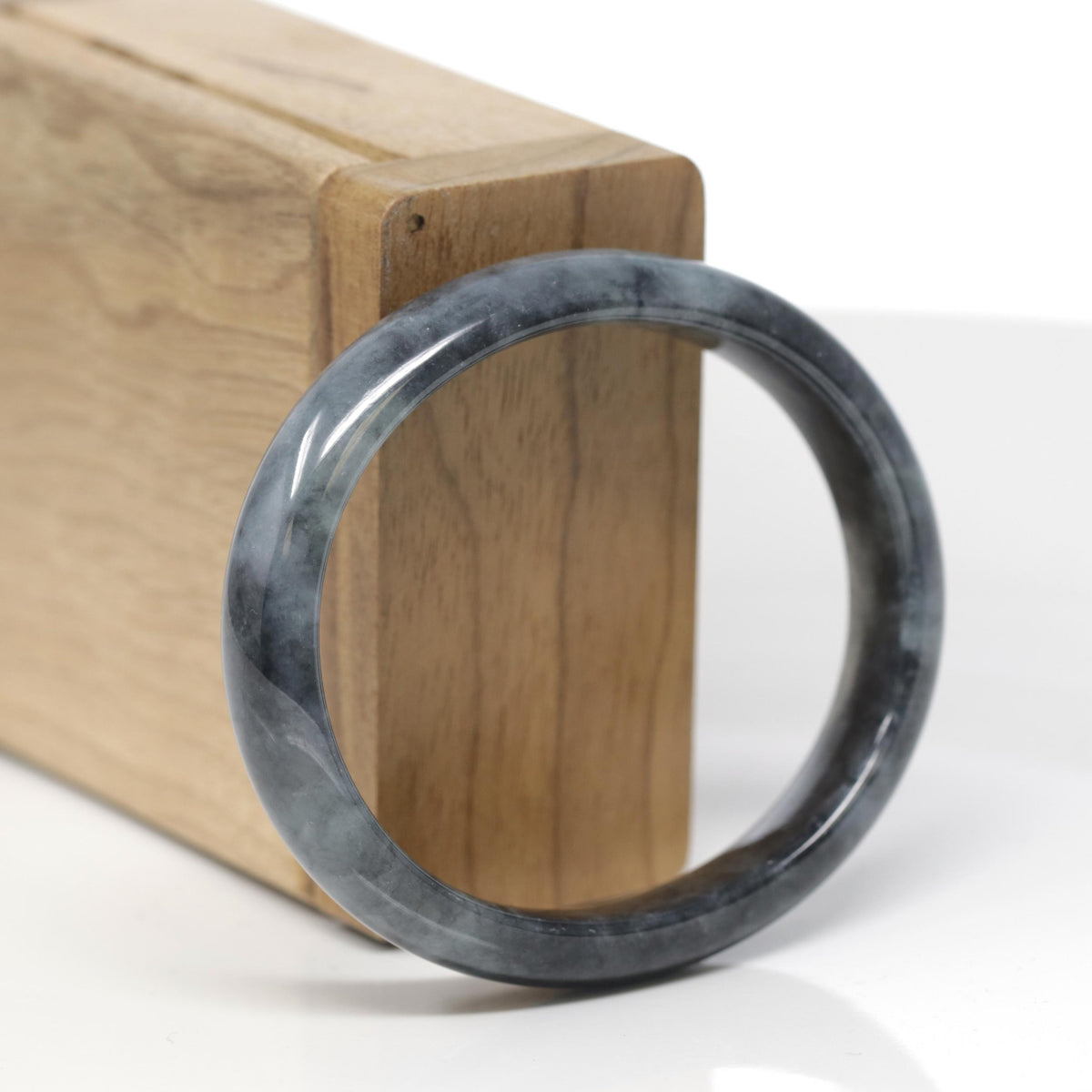Baikalla Natural Black Wuji Jadeite Jade "Oval Half Round" Bangle Bracelet (56.4mm) 