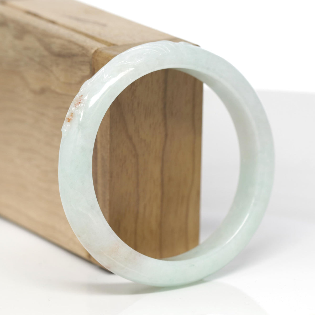 Baikalla Trailing Vine Leaf Carving Natural Light Green W/ Sajin Flower Patches Jadeite Jade "Half Round" Bangle Bracelet (56.9mm) 