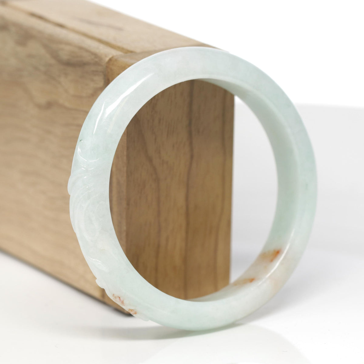 Baikalla Trailing Vine Leaf Carving Natural Light Green W/ Sajin Flower Patches Jadeite Jade "Half Round" Bangle Bracelet (56.9mm) 