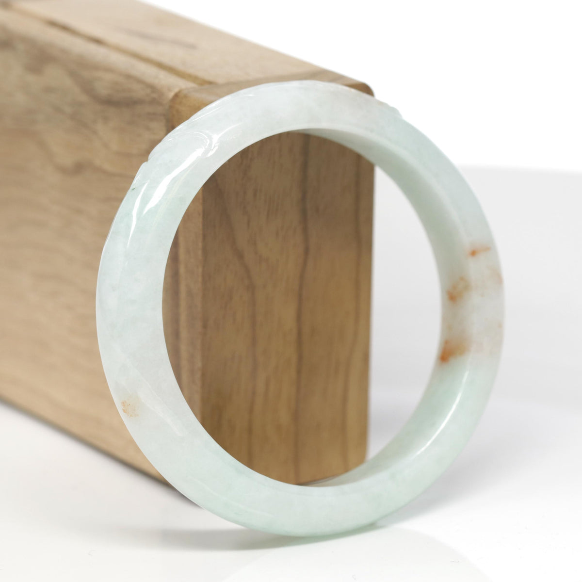 Baikalla Trailing Vine Leaf Carving Natural Light Green W/ Sajin Flower Patches Jadeite Jade "Half Round" Bangle Bracelet (56.9mm) 
