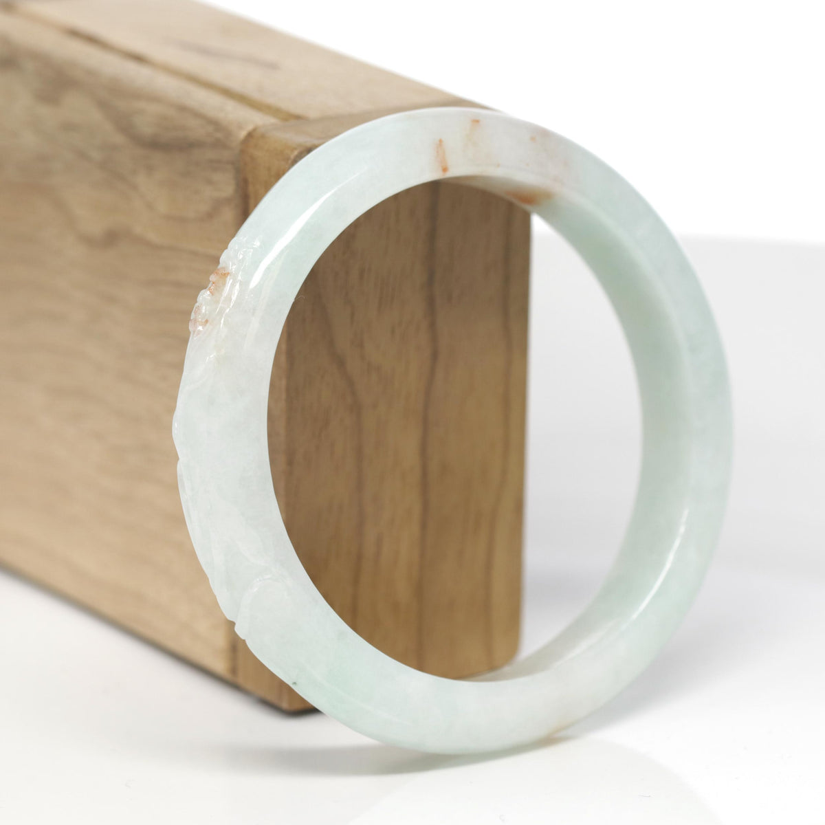 Baikalla Trailing Vine Leaf Carving Natural Light Green W/ Sajin Flower Patches Jadeite Jade "Half Round" Bangle Bracelet (56.9mm) 