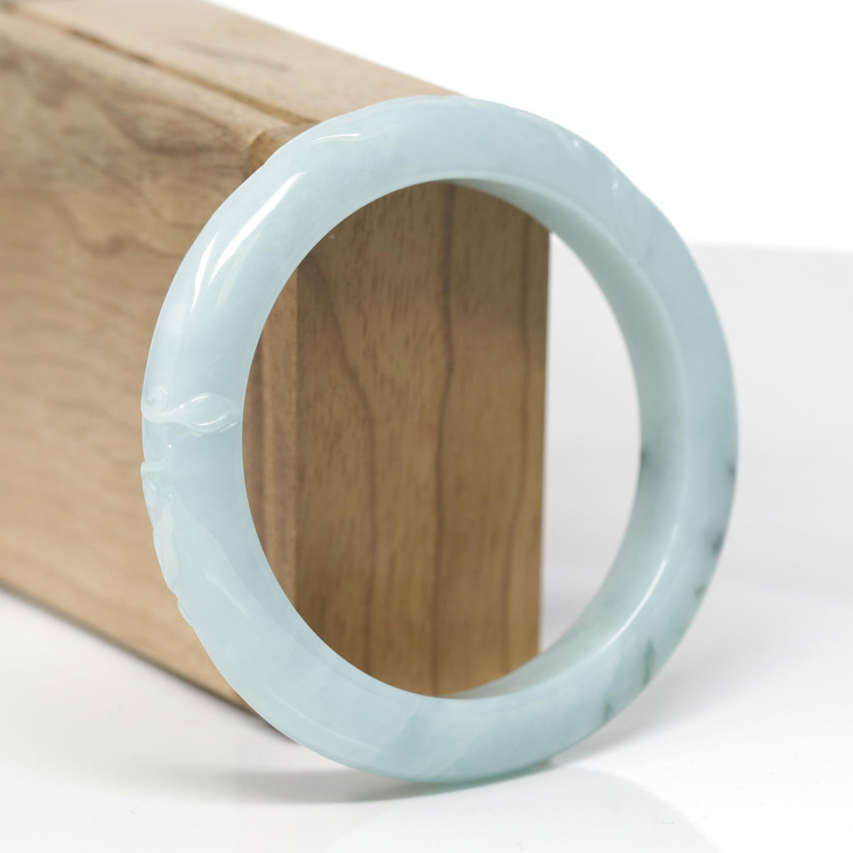 Baikalla Trailing Vine Leaf Carving Natural Blue-Green W/ Deep Blue-Green Flowers Jadeite Jade "Half Round" Bangle Bracelet (56.5mm) 