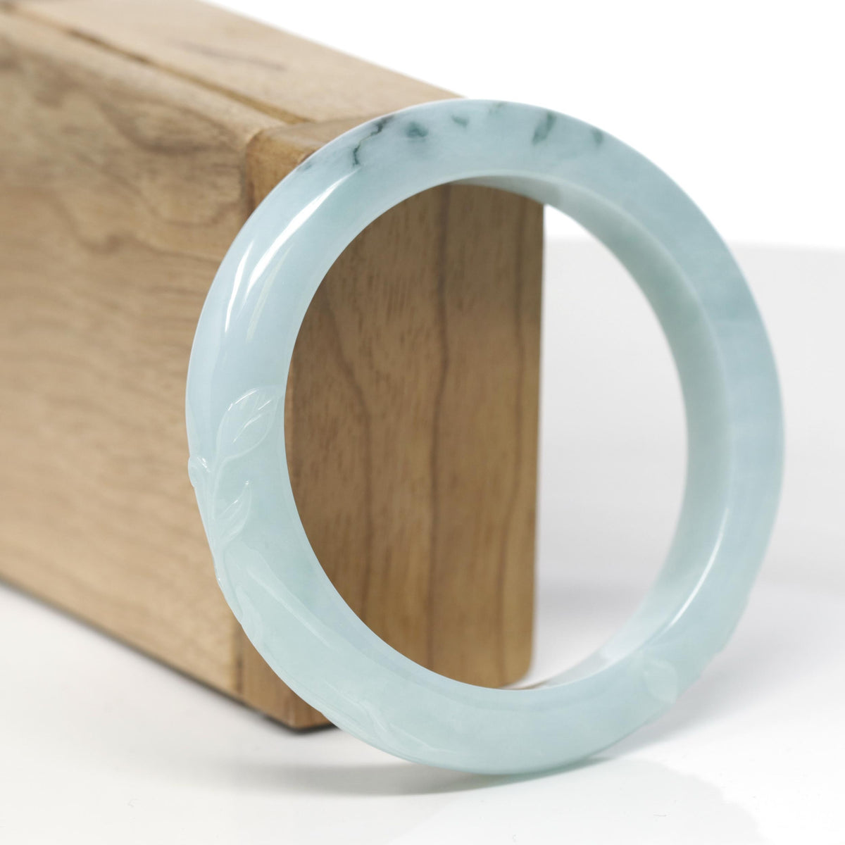 Baikalla Trailing Vine Leaf Carving Natural Blue-Green W/ Deep Blue-Green Flowers Jadeite Jade "Half Round" Bangle Bracelet (56.5mm) 