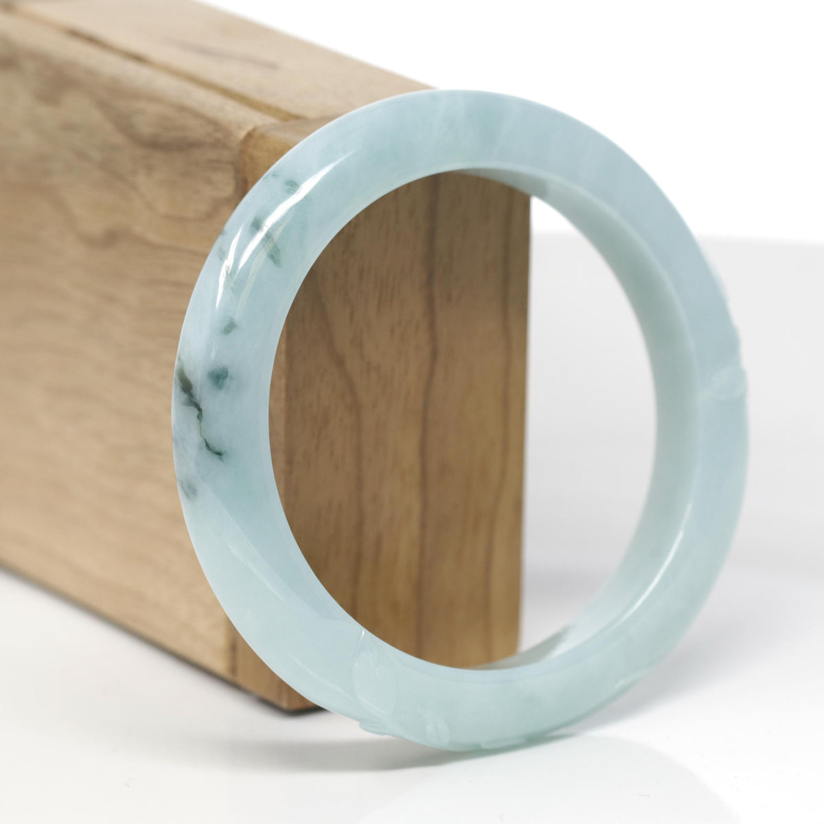Baikalla Trailing Vine Leaf Carving Natural Blue-Green W/ Deep Blue-Green Flowers Jadeite Jade "Half Round" Bangle Bracelet (56.5mm) 