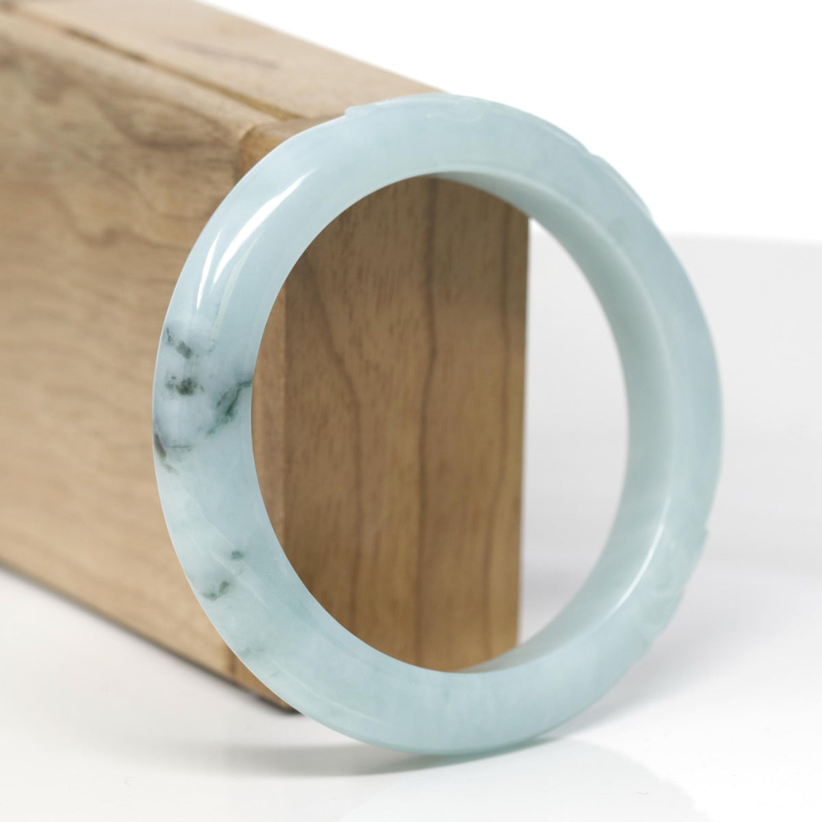 Baikalla Trailing Vine Leaf Carving Natural Blue-Green W/ Deep Blue-Green Flowers Jadeite Jade "Half Round" Bangle Bracelet (56.5mm) 