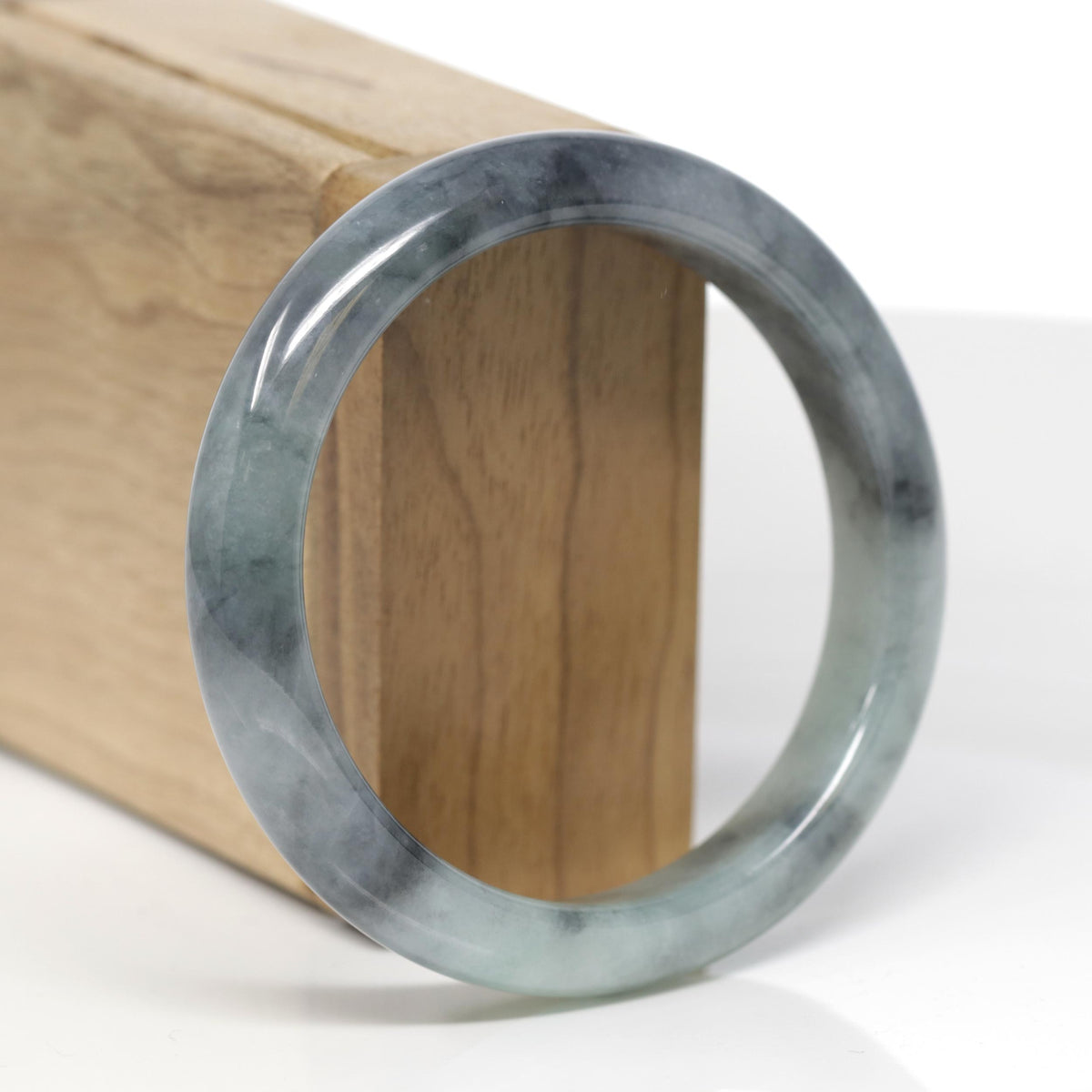 Baikalla Natural Black Wuji &amp; Light Green Jadeite Jade "Half Round" Bangle Bracelet (57.6mm) 