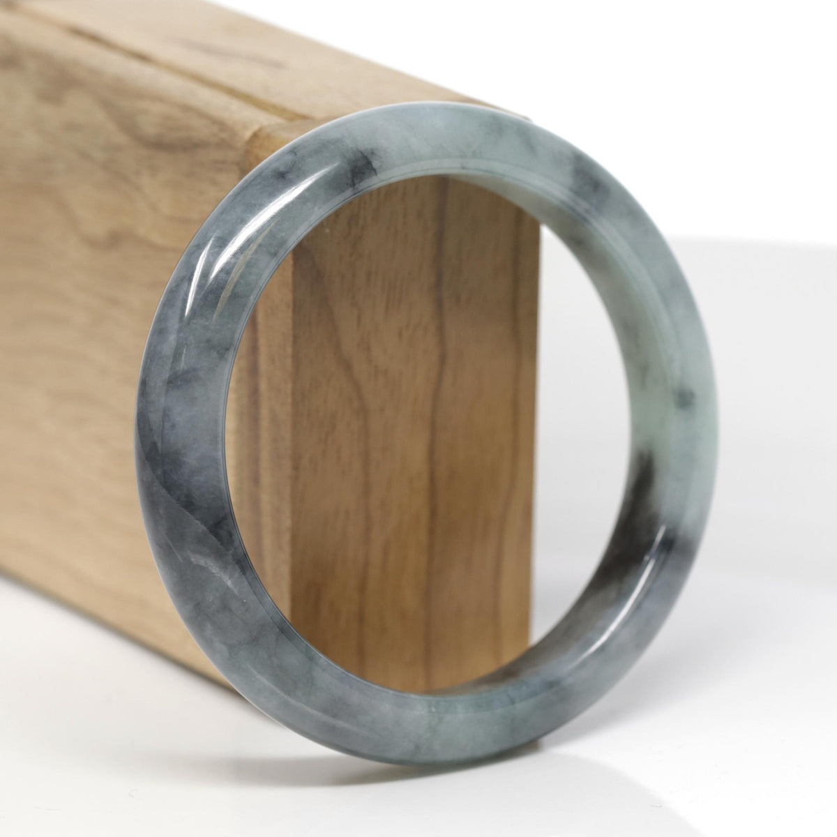 Baikalla Natural Black Wuji &amp; Light Green Jadeite Jade "Half Round" Bangle Bracelet (57.6mm) 