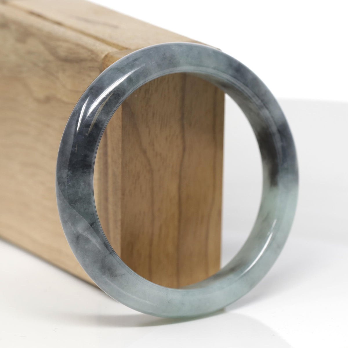 Baikalla Natural Black Wuji &amp; Light Green Jadeite Jade "Half Round" Bangle Bracelet (57.6mm) 