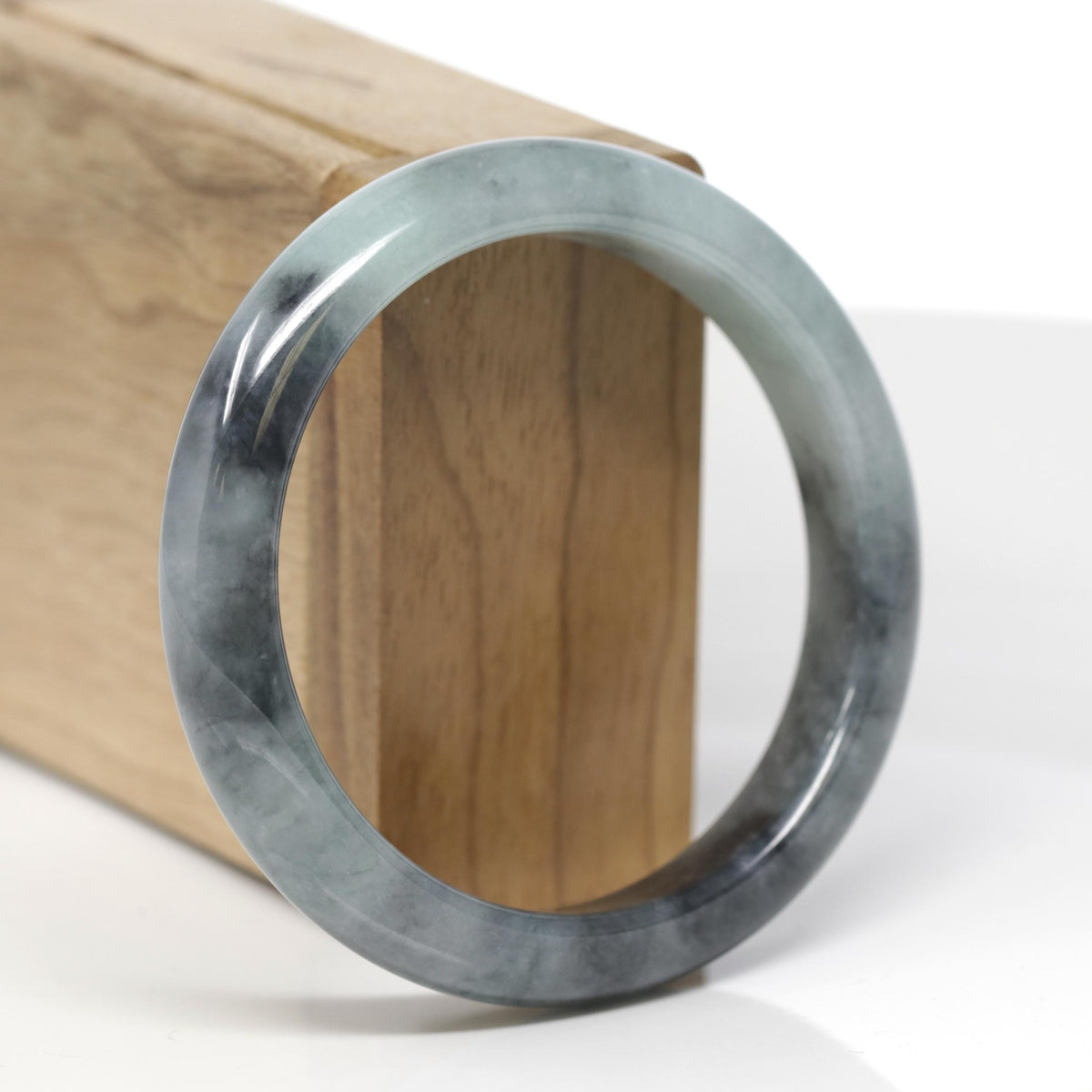 Baikalla Natural Black Wuji &amp; Light Green Jadeite Jade "Half Round" Bangle Bracelet (57.6mm) 