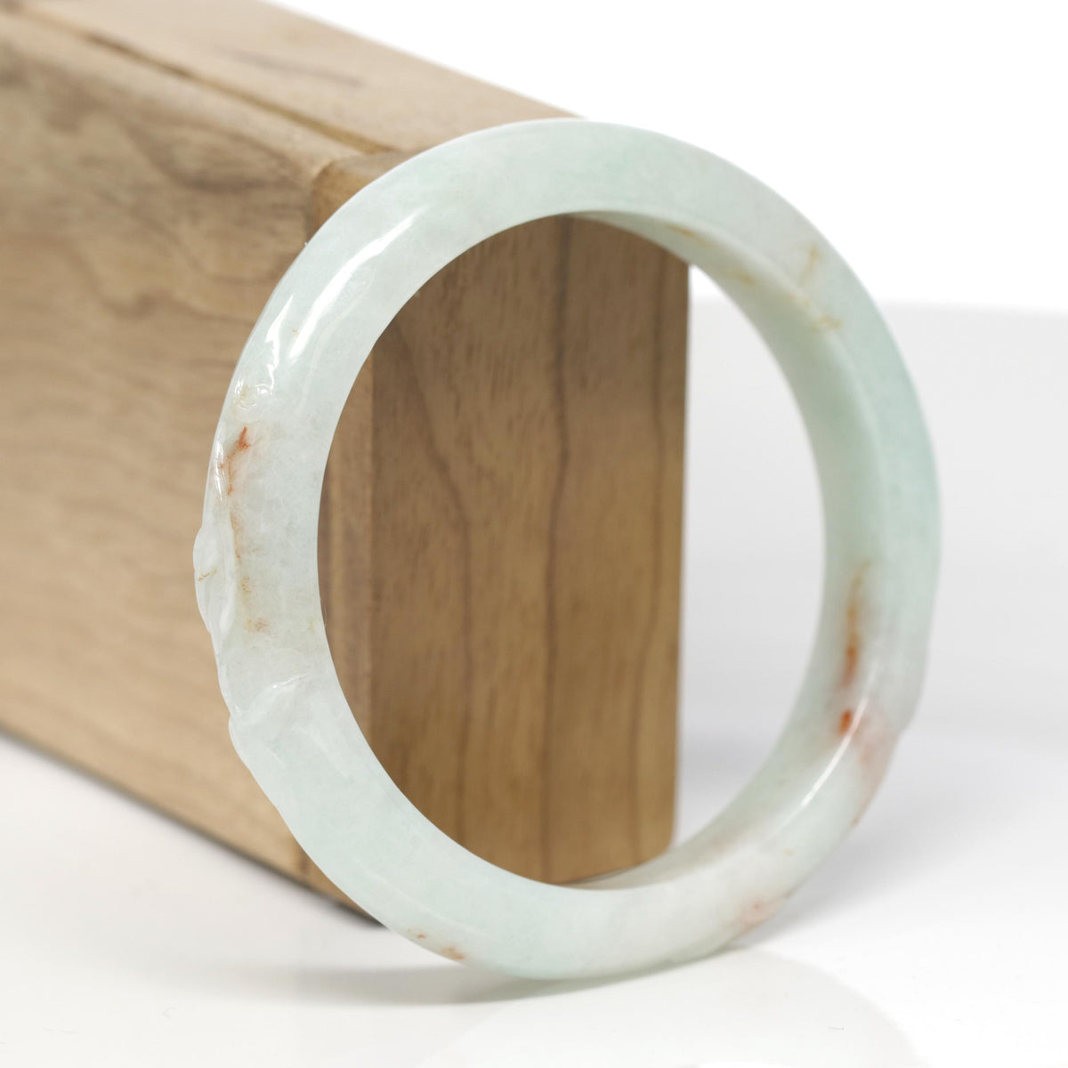Baikalla Trailing Vine Leaf Carving Natural Light Green W/ Sajin Flower Patches Jadeite Jade "Half Round" Bangle Bracelet (58.8mm) 