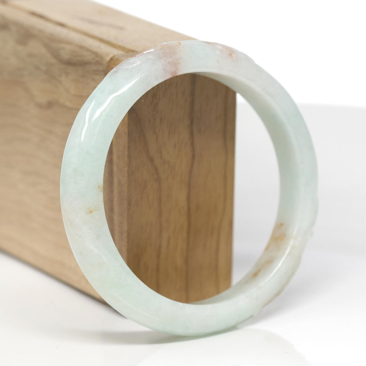 Baikalla Trailing Vine Leaf Carving Natural Light Green W/ Sajin Flower Patches Jadeite Jade "Half Round" Bangle Bracelet (58.8mm) 
