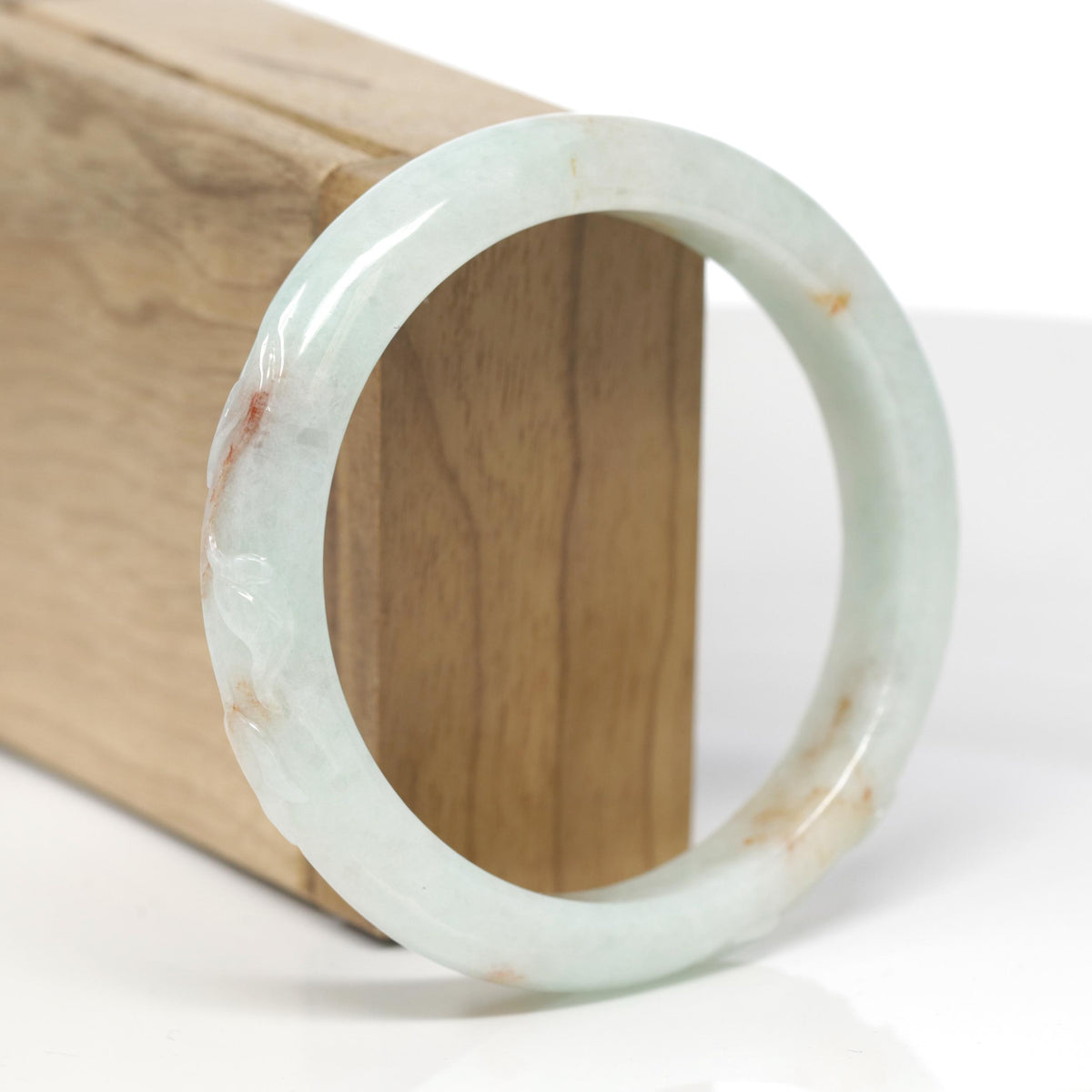 Baikalla Trailing Vine Leaf Carving Natural Light Green W/ Sajin Flower Patches Jadeite Jade "Half Round" Bangle Bracelet (58.8mm) 