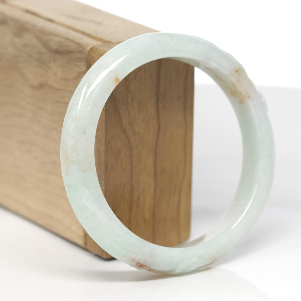 Baikalla Trailing Vine Leaf Carving Natural Light Green W/ Sajin Flower Patches Jadeite Jade "Half Round" Bangle Bracelet (58.8mm) 