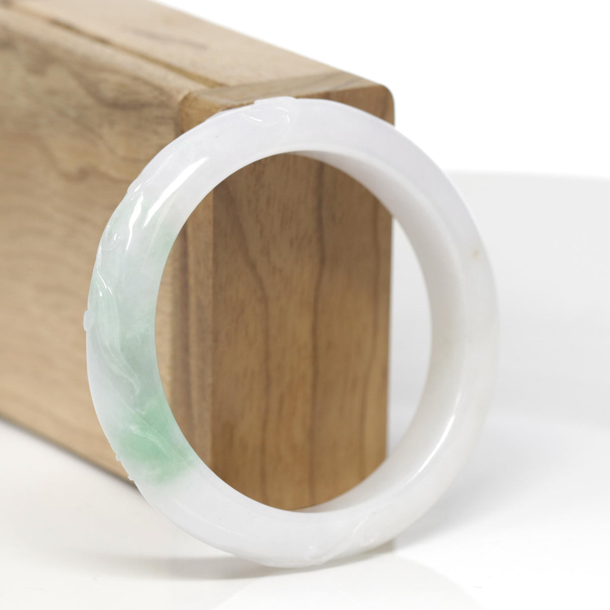 Baikalla Trailing Vine Leaf Carving Natural Apple-Green Patch Jadeite Jade "Half Round" Bangle Bracelet (54.6mm) 
