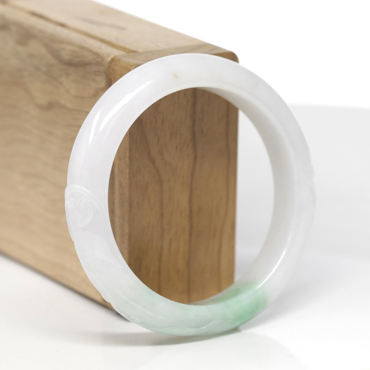 Baikalla Trailing Vine Leaf Carving Natural Apple-Green Patch Jadeite Jade "Half Round" Bangle Bracelet (54.6mm) 