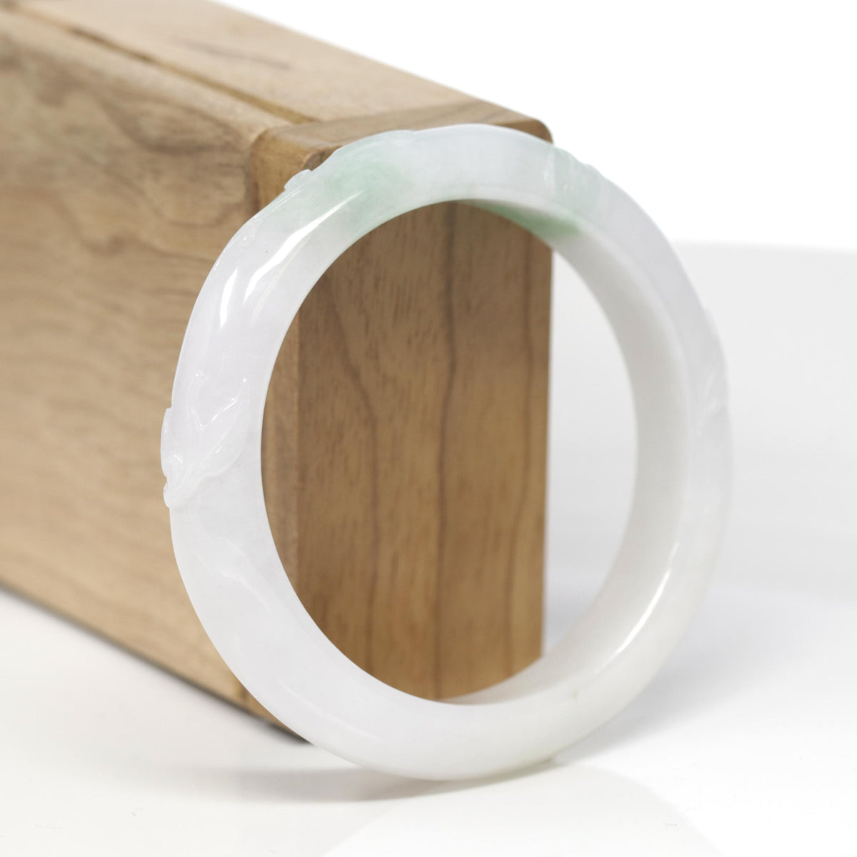 Baikalla Trailing Vine Leaf Carving Natural Apple-Green Patch Jadeite Jade "Half Round" Bangle Bracelet (54.6mm) 