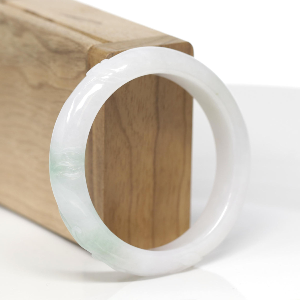 Baikalla Trailing Vine Leaf Carving Natural Apple-Green Patch Jadeite Jade "Half Round" Bangle Bracelet (54.6mm) 