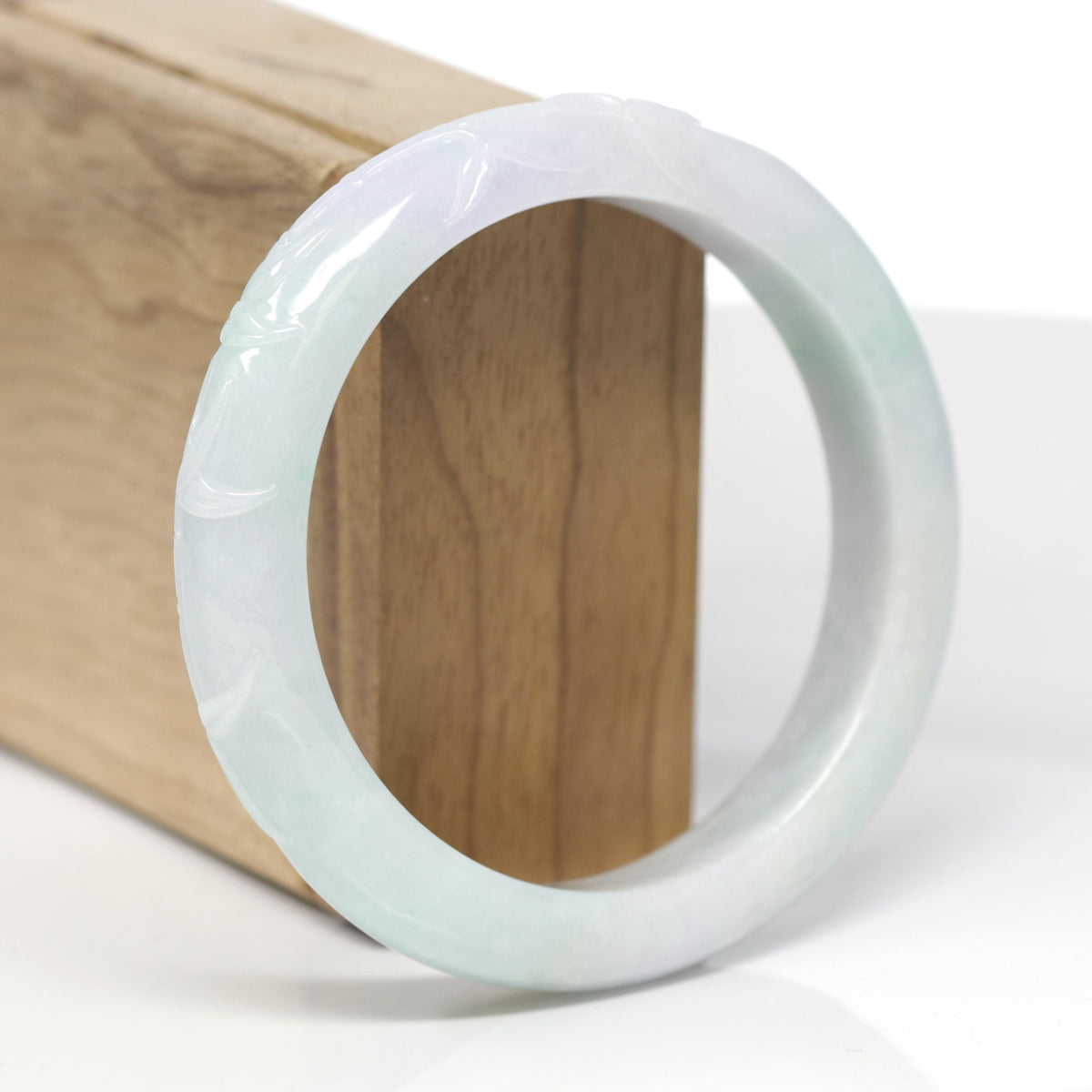 Baikalla Bamboo Carving Natural Light Apple-Green &amp; Lavender Jadeite Jade "Half Round" Bangle Bracelet (58.8mm) 