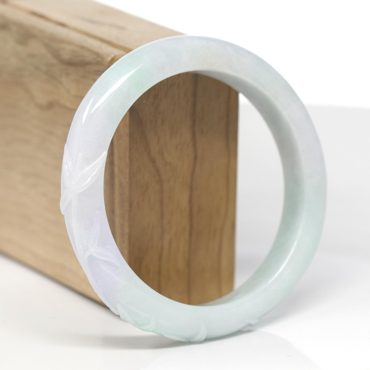 Baikalla Bamboo Carving Natural Light Apple-Green &amp; Lavender Jadeite Jade "Half Round" Bangle Bracelet (58.8mm) 