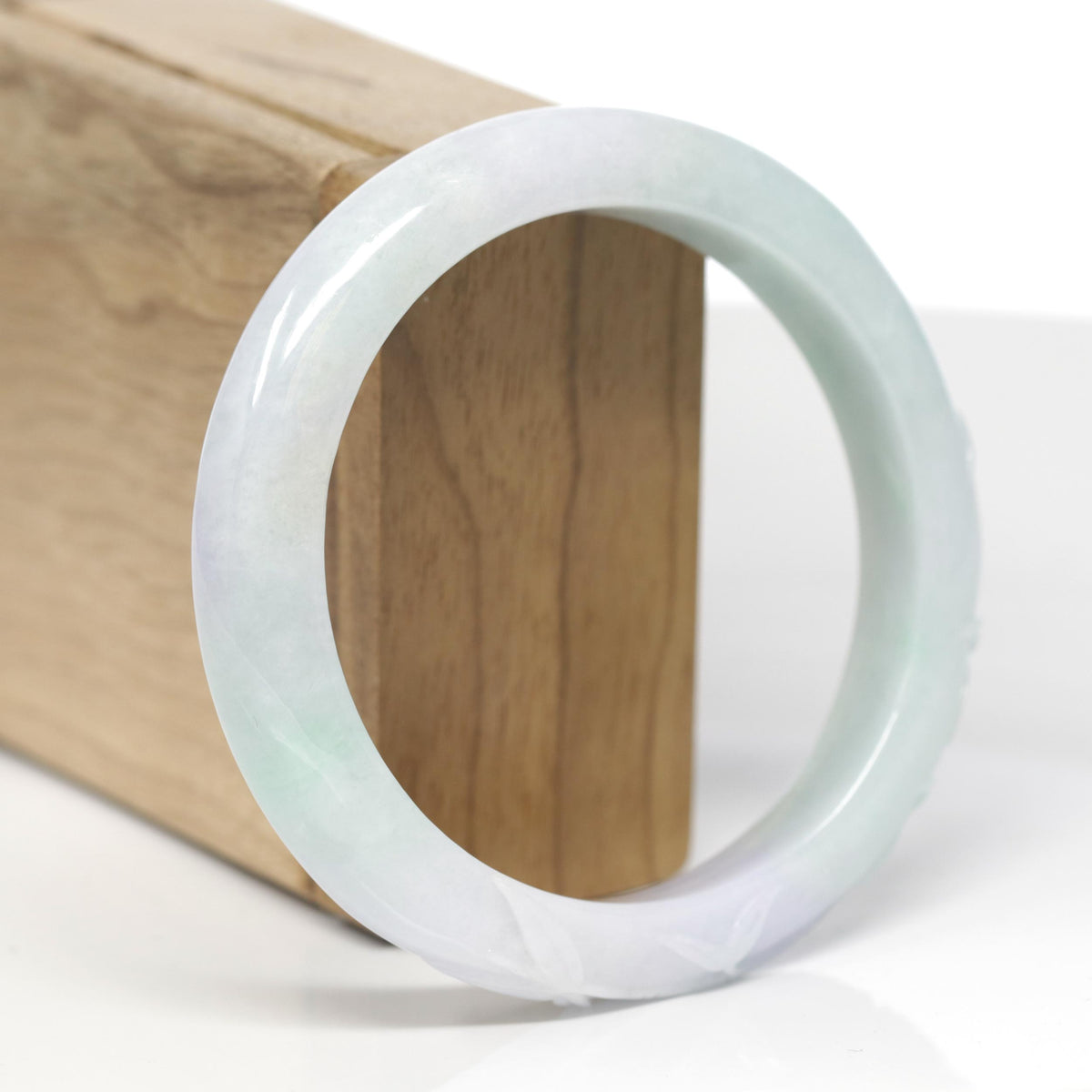 Baikalla Bamboo Carving Natural Light Apple-Green &amp; Lavender Jadeite Jade "Half Round" Bangle Bracelet (58.8mm) 
