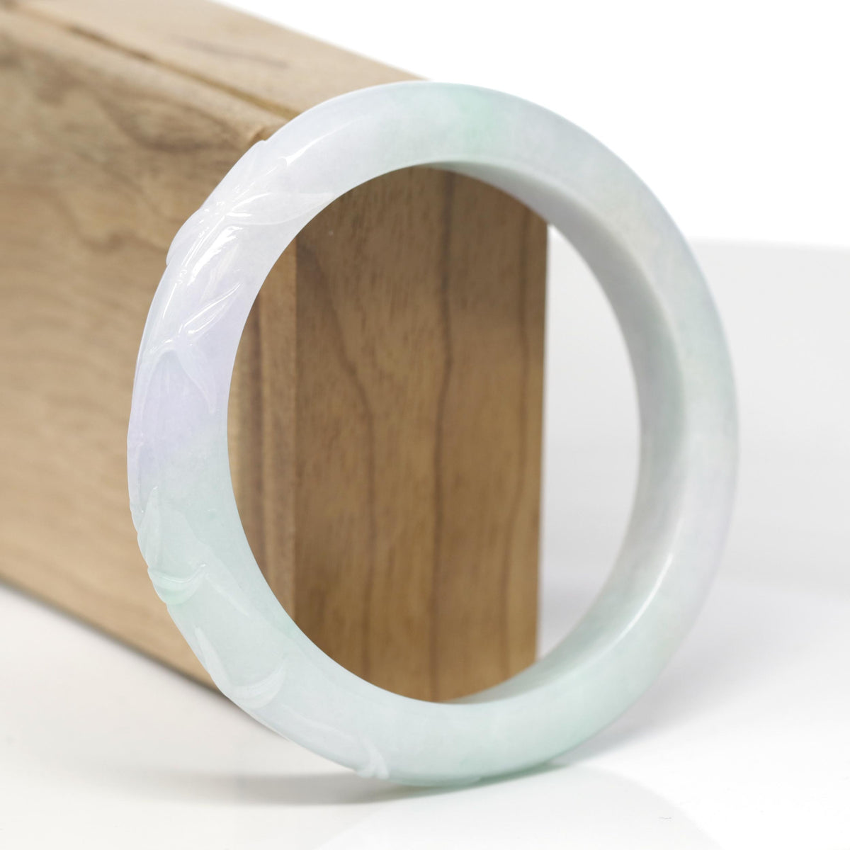 Baikalla Bamboo Carving Natural Light Apple-Green &amp; Lavender Jadeite Jade "Half Round" Bangle Bracelet (58.8mm) 