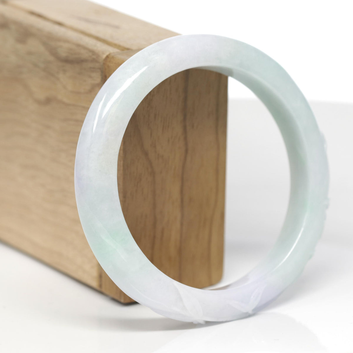 Baikalla Bamboo Carving Natural Light Apple-Green &amp; Lavender Jadeite Jade "Half Round" Bangle Bracelet (58.8mm) 